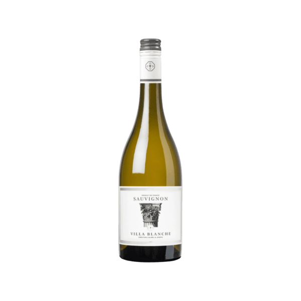 Bottle of Sauvignon Villa Blanche white wine with white label and silver cap