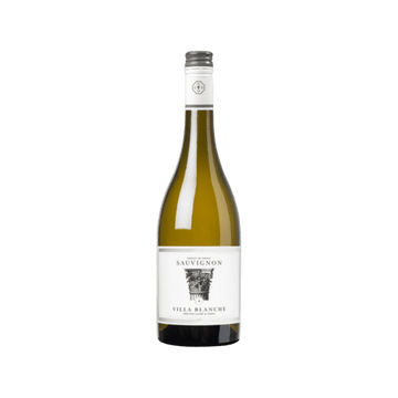 Bottle of Sauvignon Villa Blanche white wine with white label and silver cap