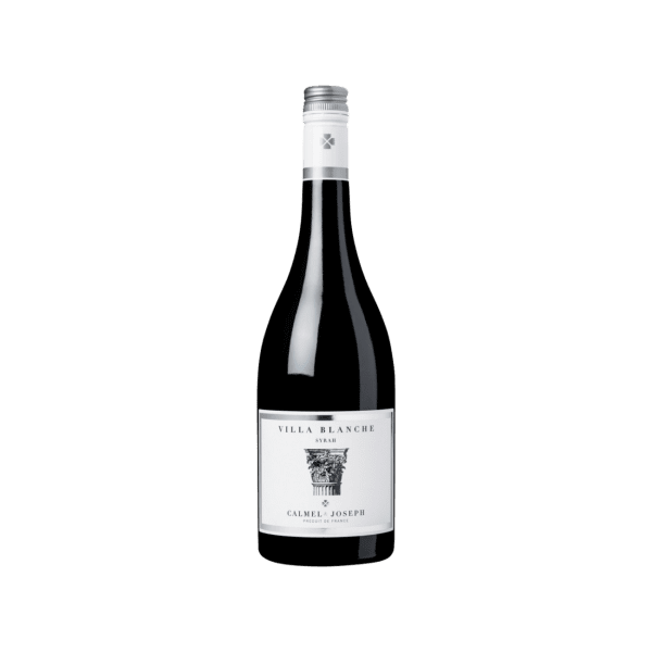 Bottle of Villa Blanche Syrah red wine by Calmel & Joseph with white label and silver cap
