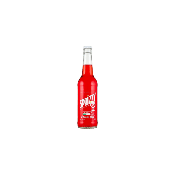 Sprizzy Classic Red spritz soda in a clear glass bottle with white cap and red liquid