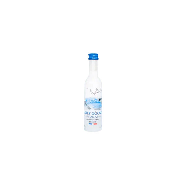 Grey Goose vodka bottle with blue cap on white background, premium spirits product