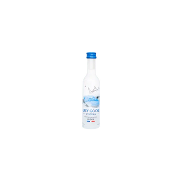 Grey Goose vodka bottle with blue cap on white background, premium spirits product
