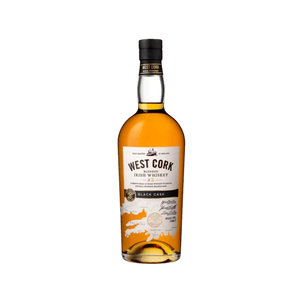 West Cork Black Cask Irish whiskey bottle with label and gold details on clear background