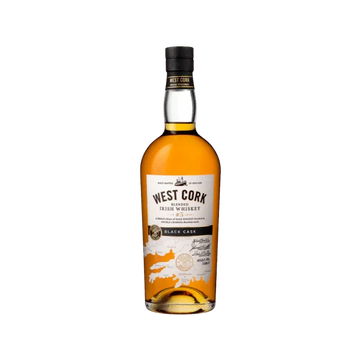 West Cork Black Cask Irish whiskey bottle with label and gold details on clear background