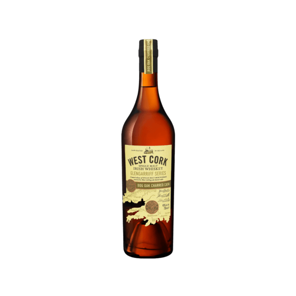 West Cork Irish Whiskey Glengarriff Series Bog Oak Charred Cask bottle on plain background