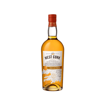 West Cork single malt Irish whiskey bottle with rum cask finish on white background