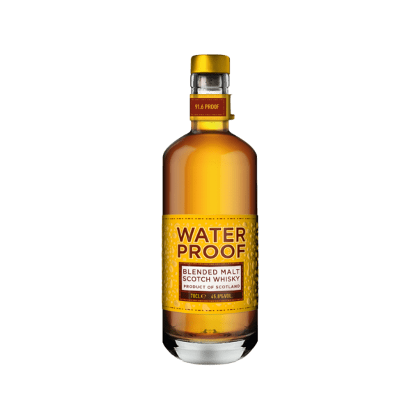 Waterproof blended malt Scotch whisky bottle with yellow label, 70cl, 45.8% ABV