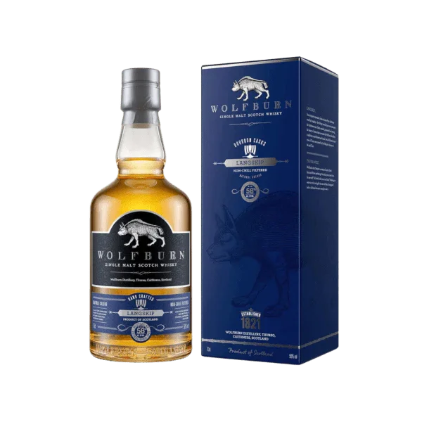 Wolfburn single malt Scotch whisky bottle and blue box, premium alcoholic beverage