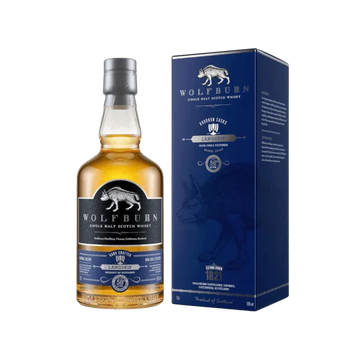 Wolfburn single malt Scotch whisky bottle and blue box, premium alcoholic beverage