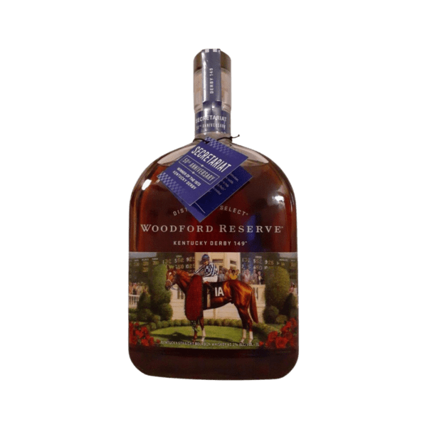 Woodford Reserve Kentucky Derby 149 bourbon bottle with Secretariat horse and jockey label