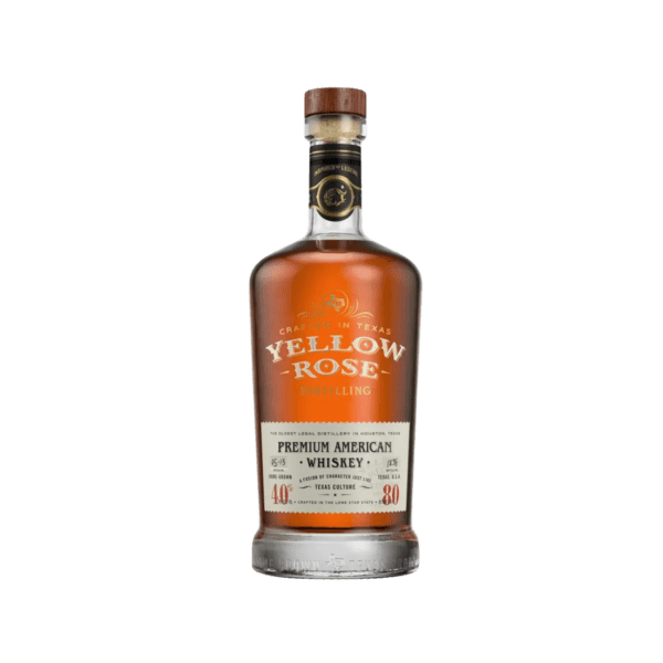 Yellow Rose Premium American whiskey bottle with amber liquor and detailed label on white background