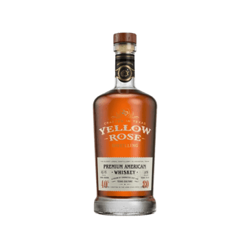 Yellow Rose Premium American whiskey bottle with amber liquor and detailed label on white background