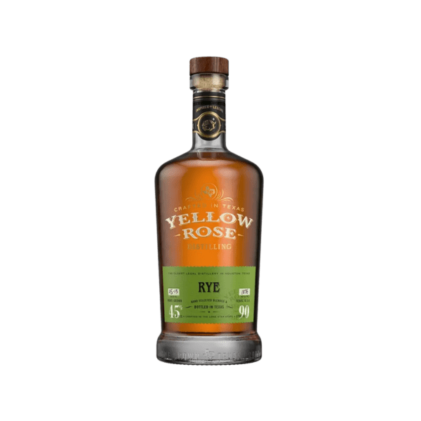 Yellow Rose rye whiskey bottle with green label and wooden cap on white background