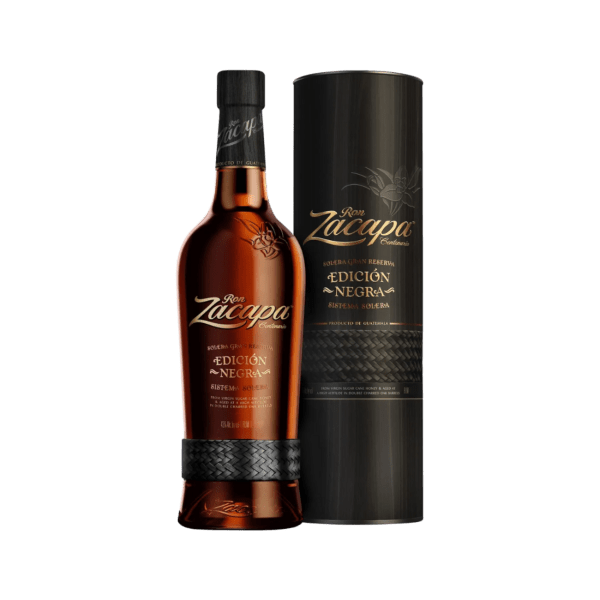 Ron Zacapa Edición Negra rum bottle and black cylindrical packaging with gold lettering