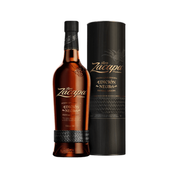 Ron Zacapa Edición Negra rum bottle and black cylindrical packaging with gold lettering