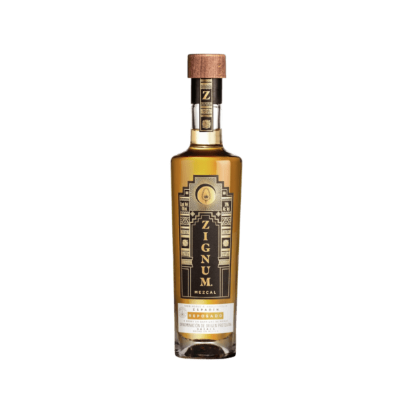 Zignum Mezcal Espadin Reposado bottle with black and gold label and wooden cap
