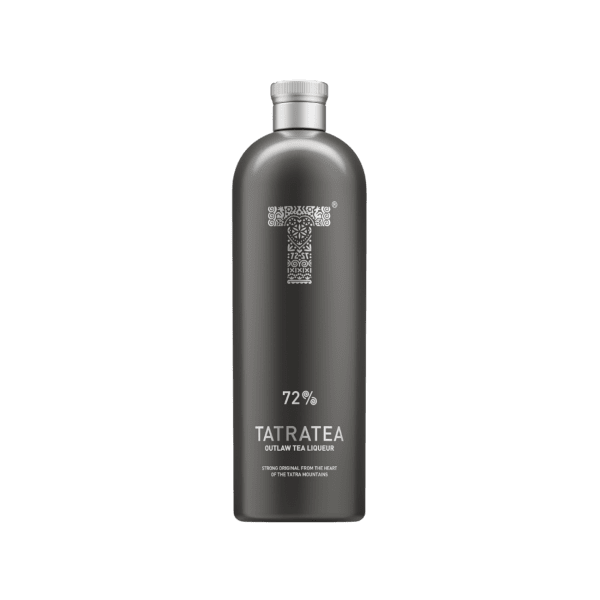 Matte black bottle of Tatratea outlay tea liqueur 72% alcohol with intricate T logo