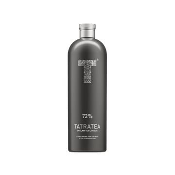 Matte black bottle of Tatratea outlay tea liqueur 72% alcohol with intricate T logo