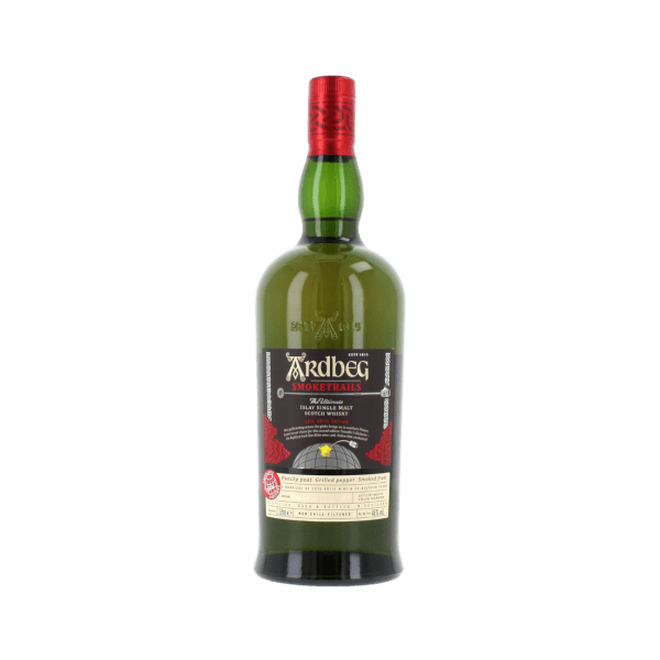 Ardbeg Smoke Trails Islay single malt Scotch whisky bottle with red cap and detailed label