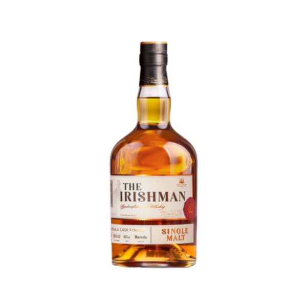 Single malt whiskey bottle with front label, amber liquid, and black cap on white background