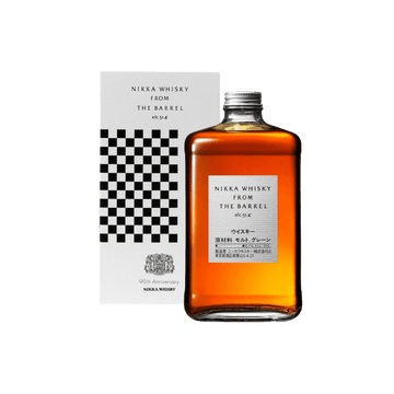 Nikka Whisky From The Barrel 90th Anniversary edition bottle with amber whisky and distinct black and white checkered box