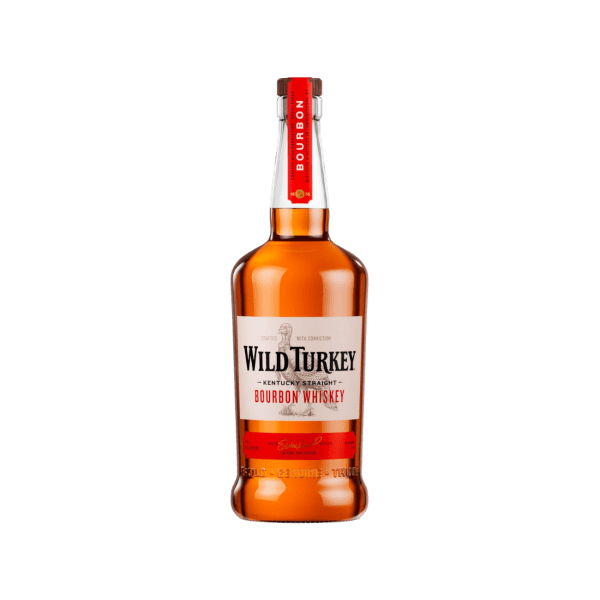 Wild Turkey Kentucky Straight Bourbon Whiskey bottle with red label on white background