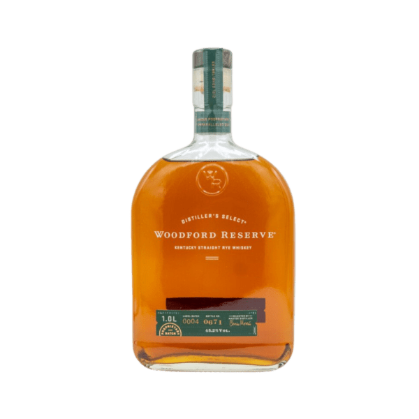 Woodford Reserve Kentucky Straight Rye Whiskey bottle with amber liquid and detailed label