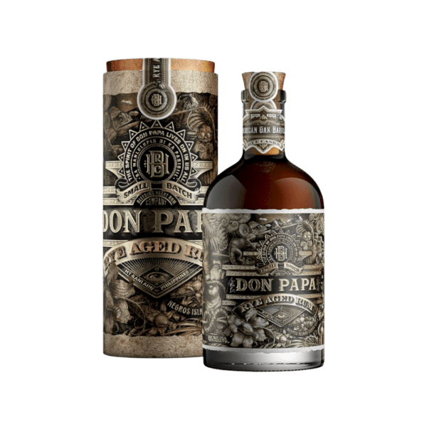 Bottle and packaging of Don Papa Rye Aged Rum with vintage botanical design and dark amber liquid