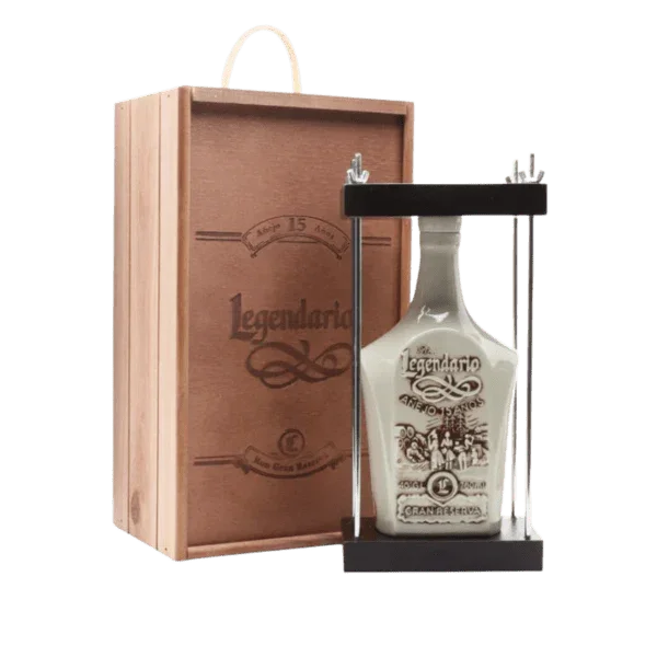 Premium Legendario ceramic rum bottle in a gift box with wooden packaging