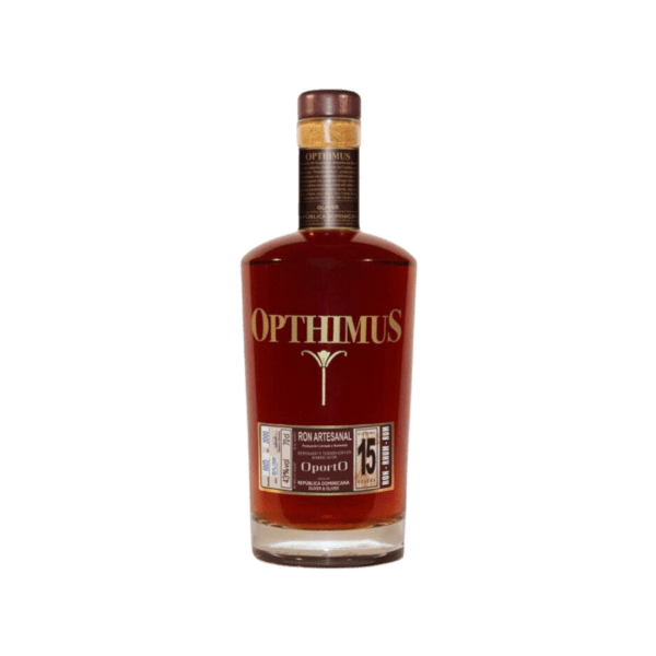 Opthimus aged rum bottle with dark amber liquid and premium label, isolated on white background