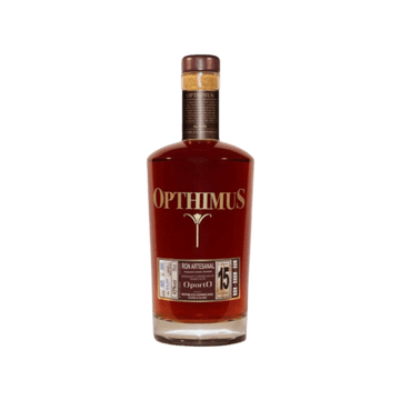 Opthimus aged rum bottle with dark amber liquid and premium label, isolated on white background