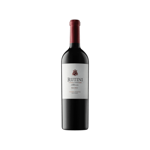Bottle of Rutini Single Vineyard Malbec red wine from Mendoza Argentina with red foil capsule