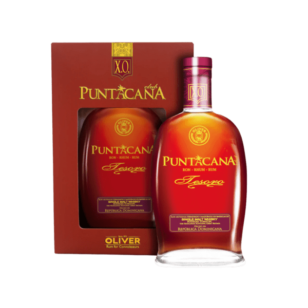 Puntacana Club Tesoro XO rum bottle with branded gift box, premium Dominican rum