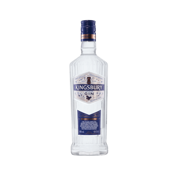 Kingsbury gin bottle with blue label and gold cap on white background