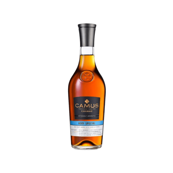Bottle of Camus Very Special Cognac with amber liquid and black and blue label