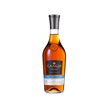 Bottle of Camus Very Special Cognac with amber liquid and black and blue label