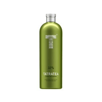 Green bottle of Tatratea 32% citrus tea liqueur with silver cap and decorative white T logo