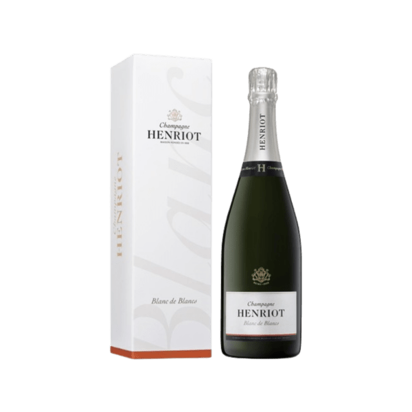 Henriot Blanc de Blancs champagne bottle with elegant white and gold gift box