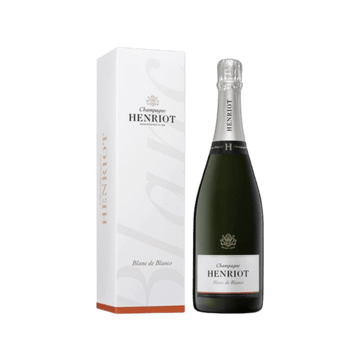 Henriot Blanc de Blancs champagne bottle with elegant white and gold gift box
