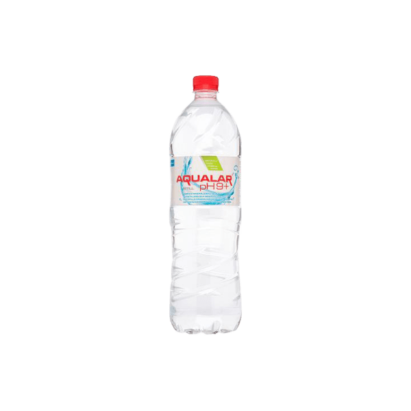 Aqualar pH9+ bottled alkaline water with red cap and clear plastic bottle