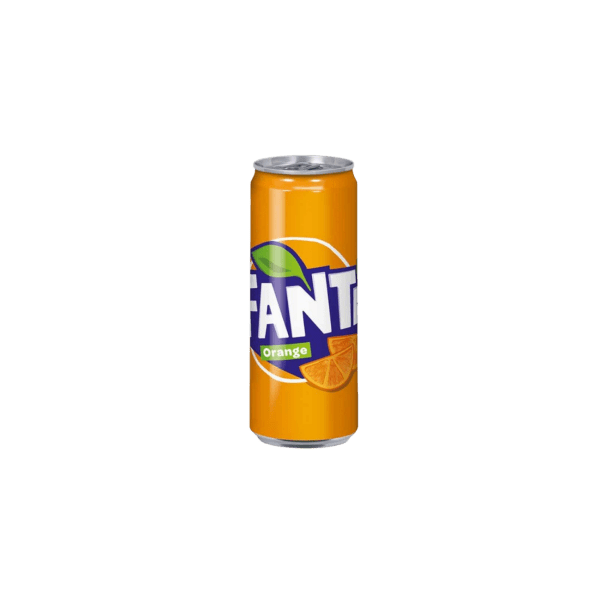 Tall orange Fanta soda can with citrus slice design on a transparent background