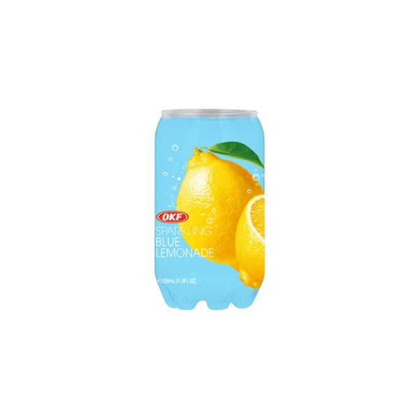 OKF Sparkling Blue Lemonade can with lemons and bubbles on blue background