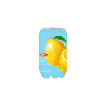 OKF Sparkling Blue Lemonade can with lemons and bubbles on blue background