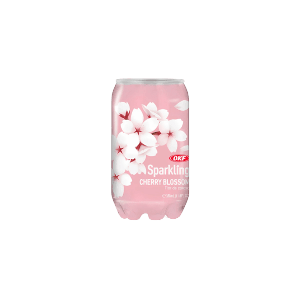 Pink can of OKF Sparkling Cherry Blossom drink with white cherry blossom flowers design