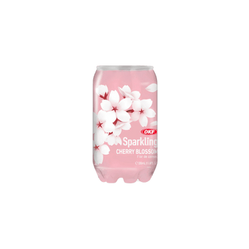 Pink can of OKF Sparkling Cherry Blossom drink with white cherry blossom flowers design