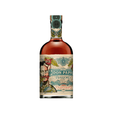 Don Papa Baroko rum bottle with colorful label and decorative design on green background