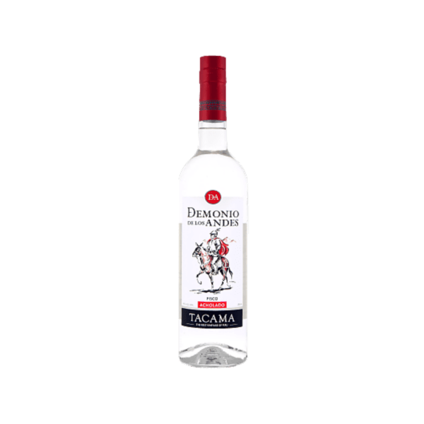 Bottle of Demonio de los Andes Acholado Pisco by Tacama with red cap and black label