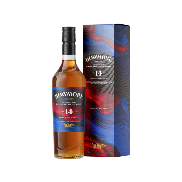 14-year-old Bowmore single malt Scotch whisky bottle with Bordeaux cask finish and matching red and blue patterned box