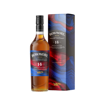 14-year-old Bowmore single malt Scotch whisky bottle with Bordeaux cask finish and matching red and blue patterned box