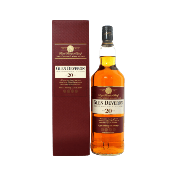 Glen Deveron 20-year Highland Single Malt Scotch Whisky bottle with maroon gift box